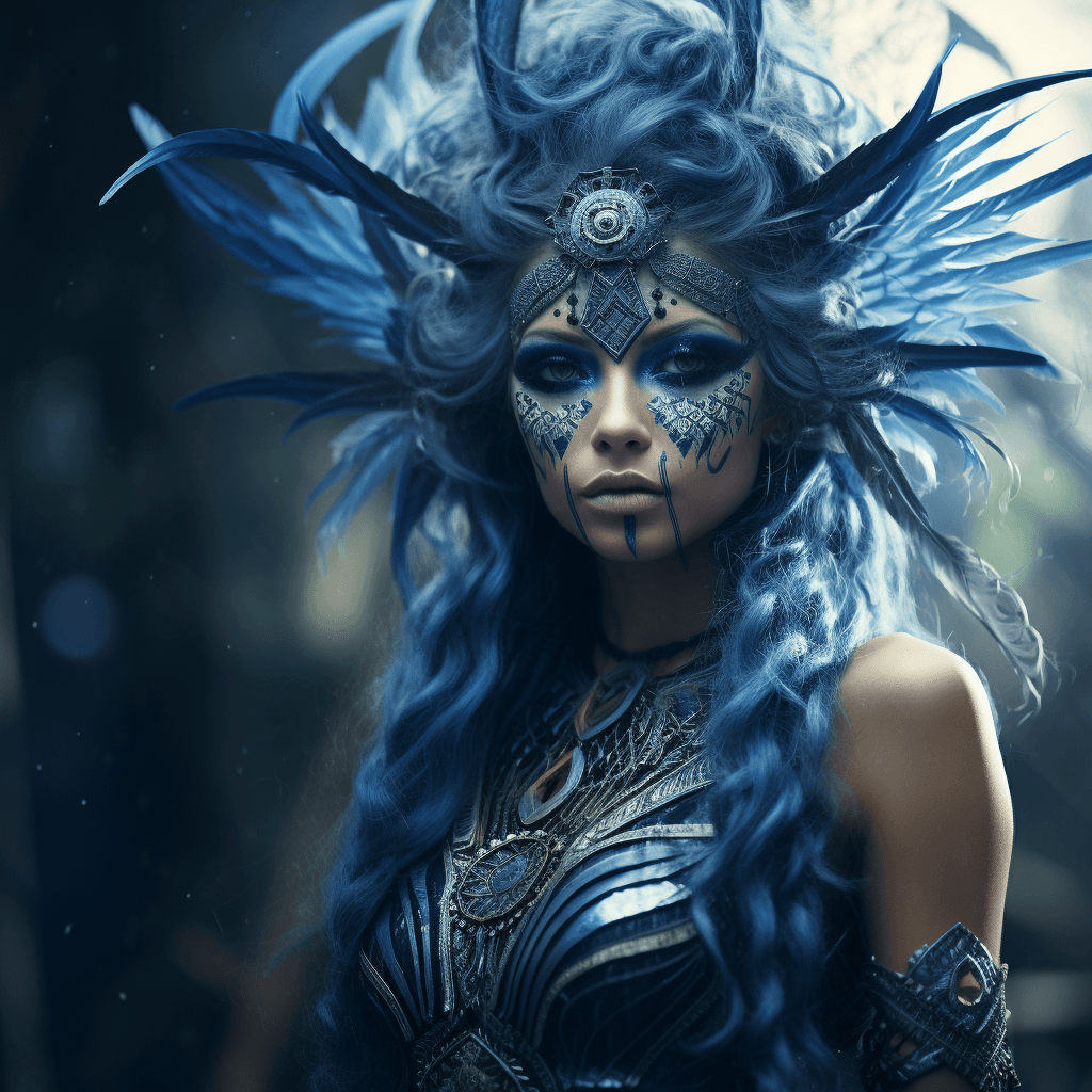 AI generated: a young woman dressed as an elf in mystical blue paint, in the style of zeen chin, 32k uhd, cultural...