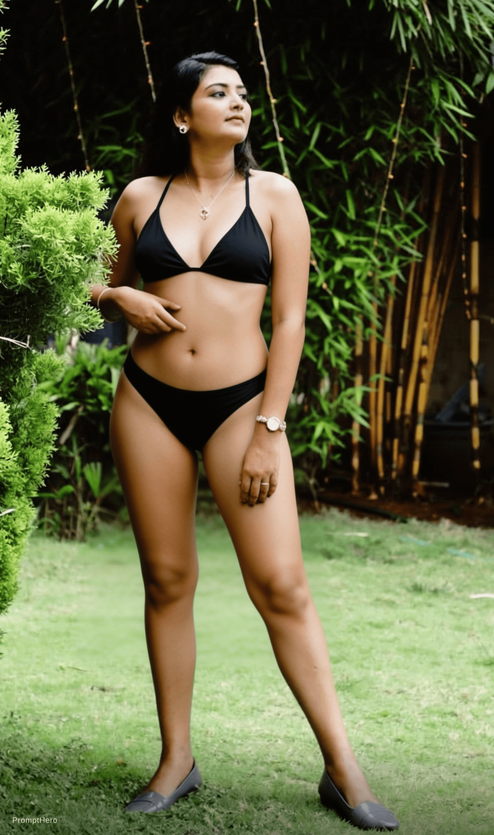 AI generated: Replace her dress to black bikini 

