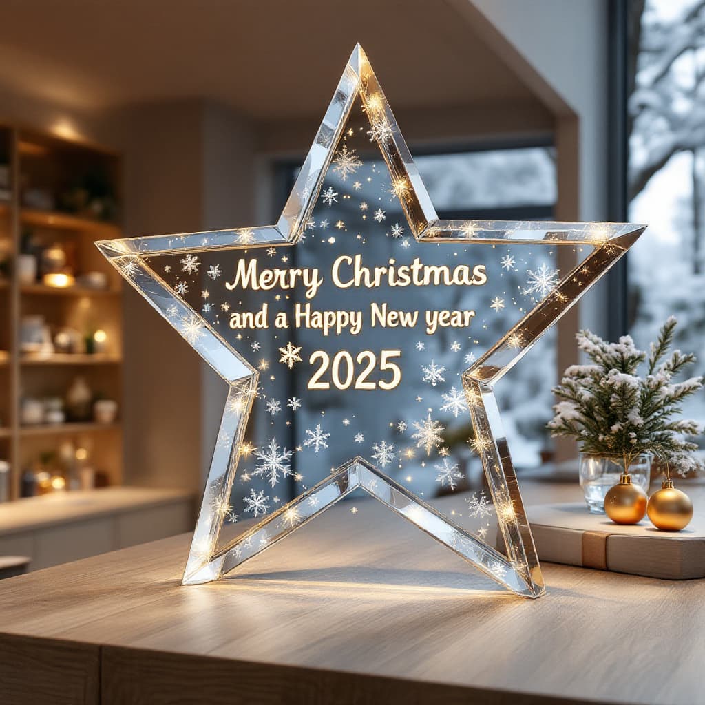 AI generated: High resolution crystal star with beautiful snowflakes and the name "Merry Christmas and a Happy New...