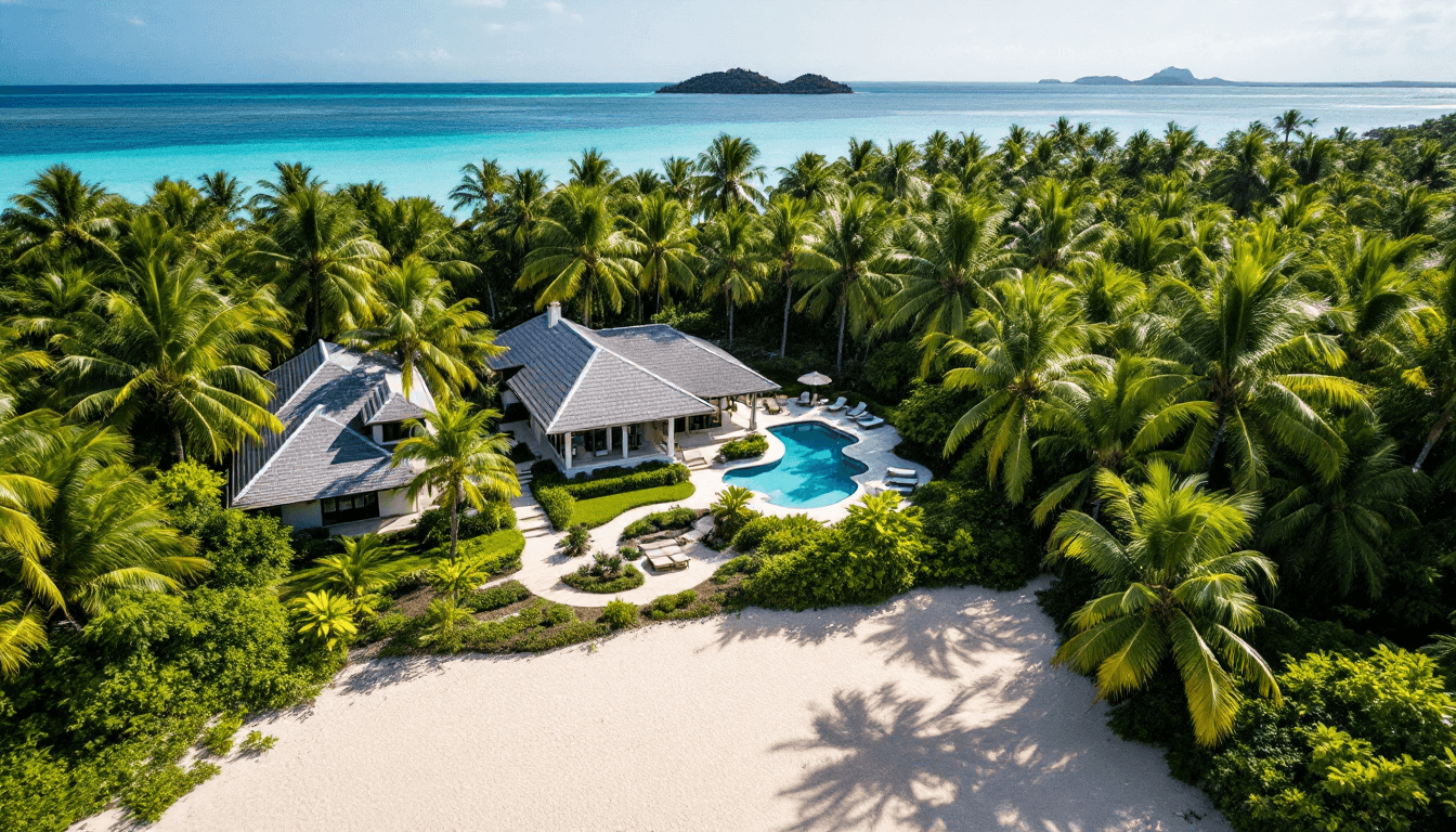 AI generated: An aerial view of a tropical seaside luxurious beach house, surrounded by lush palm trees and dense ...