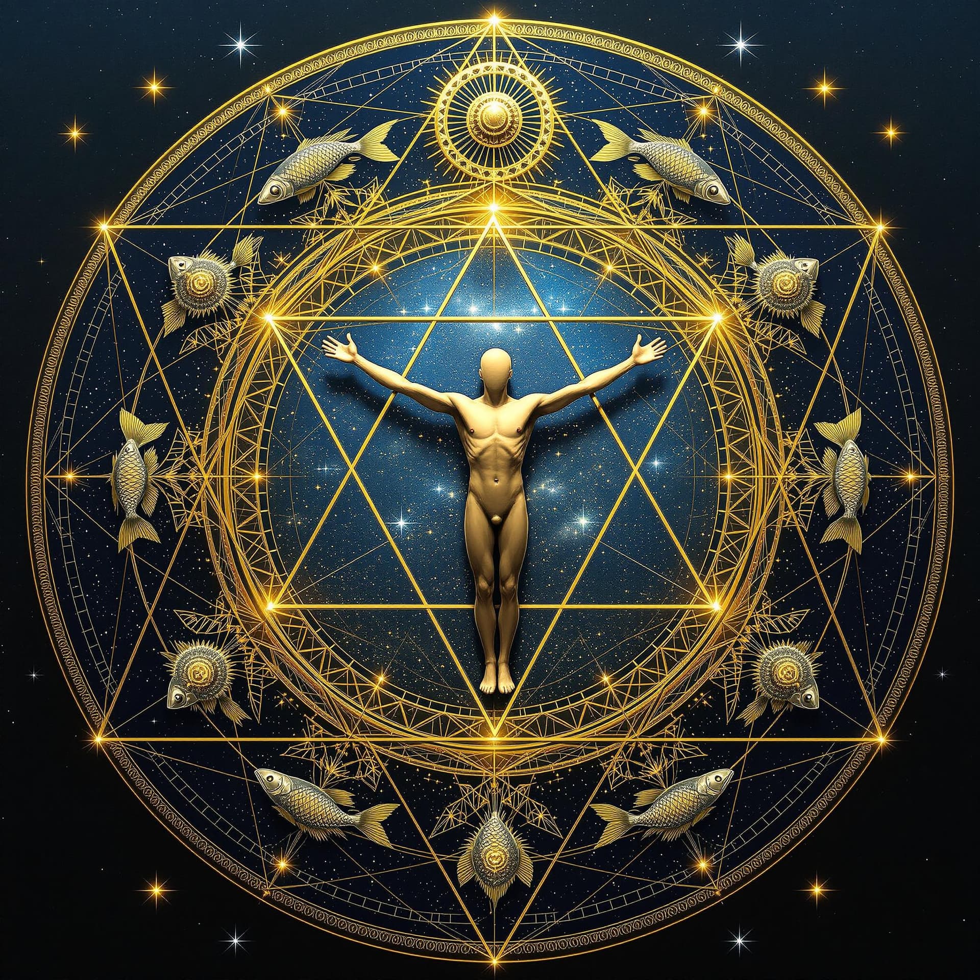 AI generated: A golden ratio crystal grid. cosmic in form and detailed by fish swimming patterns. In the center, a...