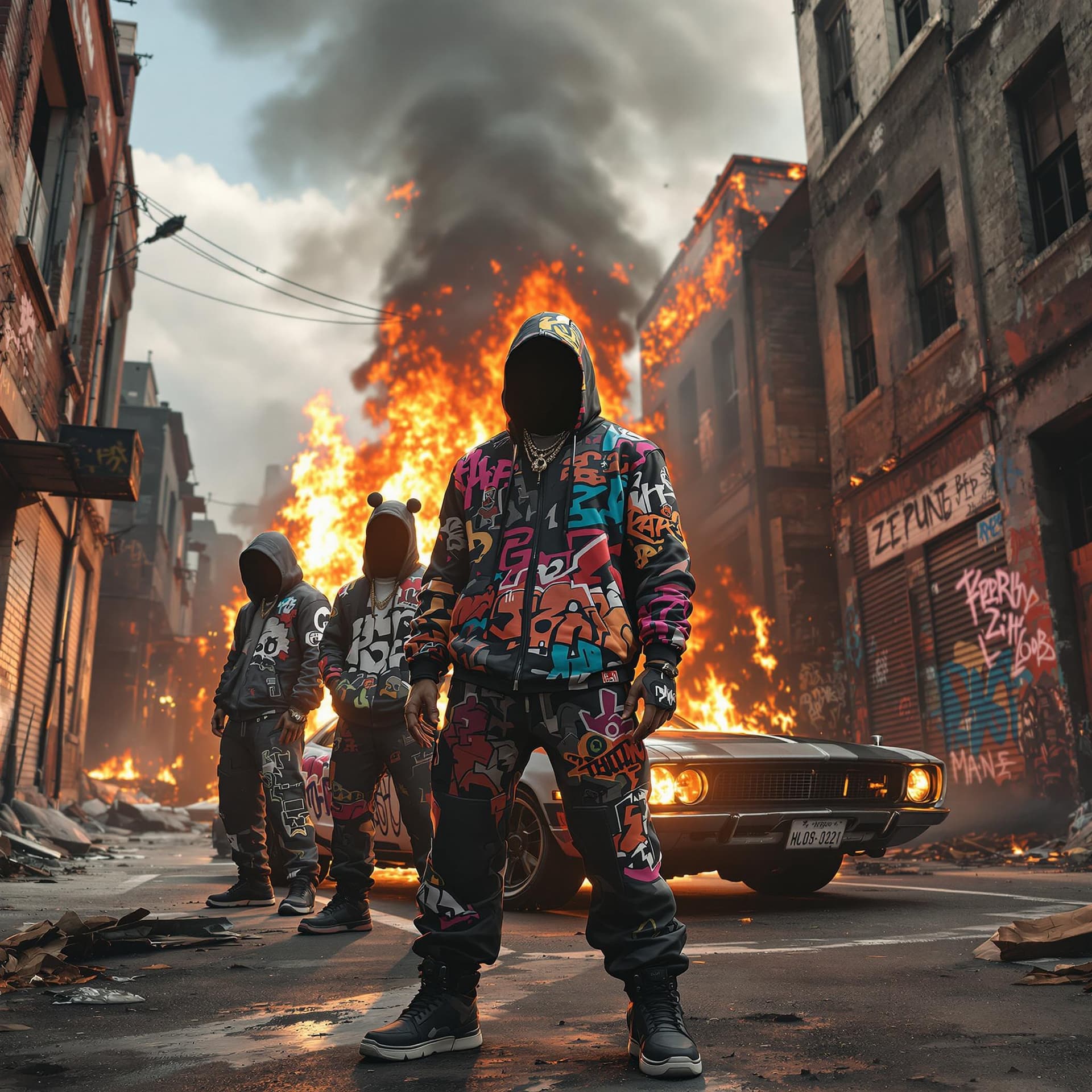 AI generated: hip hop graffiti style characters,  full body, standing in front of abandoned street buildings and a...