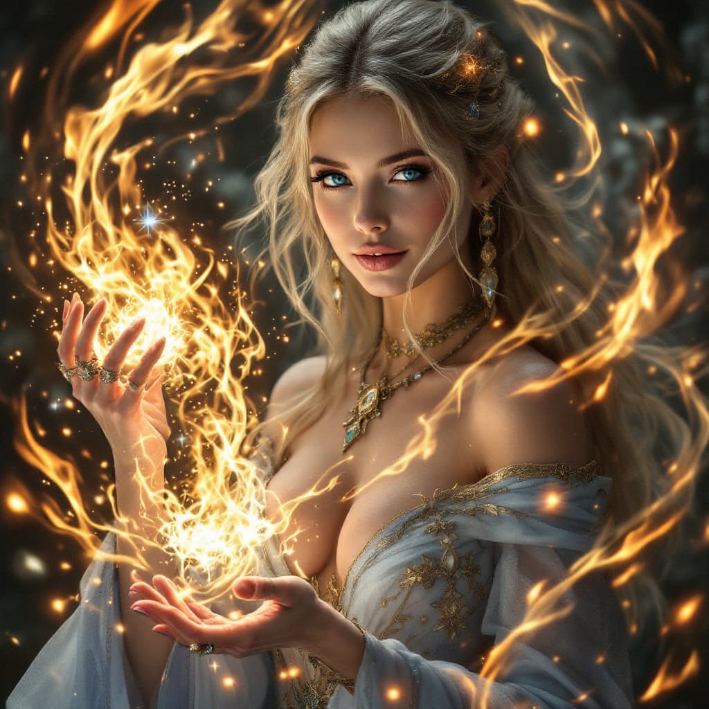 AI generated: A stunning slim female wizard stands poised in a magical dark fantasy realm, casting a mesmerizing s...