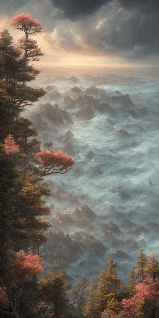 AI generated: view of an Ocean from the top of a mountain 
,spring, pine forest, red clouds , fantasy, digital art...