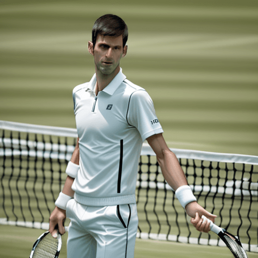 AI generated: Tennis player Novak Djokovic stands on the Center Court at Wimbledon, dressed in a white tennis outf...