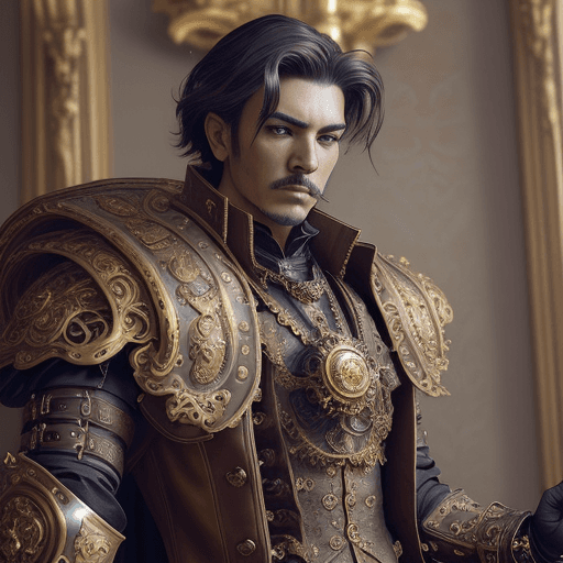 AI generated: 100 mm lens, perfect angle, upper body, looking toward camera, dynamic pose, centered, baroque ornat...