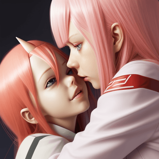 AI generated: a realistic photo of zero two    
that hug and kiss darling