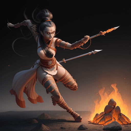 AI generated: Nezuko kamado, Indian mythology, demon slayer character, symmetric body, holding a three-pronged spe...