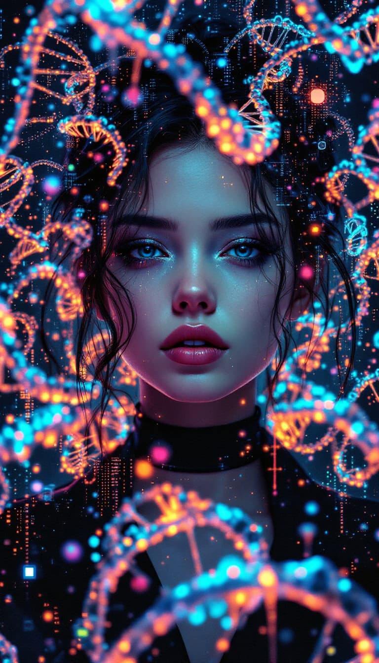 AI generated: Portrait of a futuristic cyberpunk bio-engineer, centered, surrounded by genetic data, in a vibrant ...