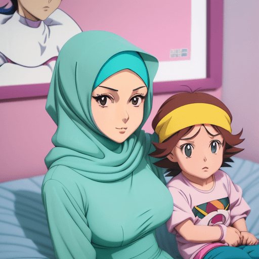 AI generated: a close up of anurse woman with hijab and some child in bed and serum. retro anime girl, misty from ...