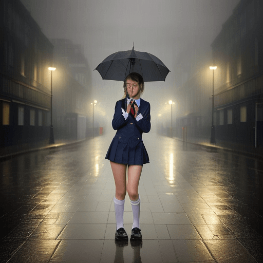 AI generated: masterpiece award winning photograph of british teen girl wearing wet school uniform rain in hazy ci...