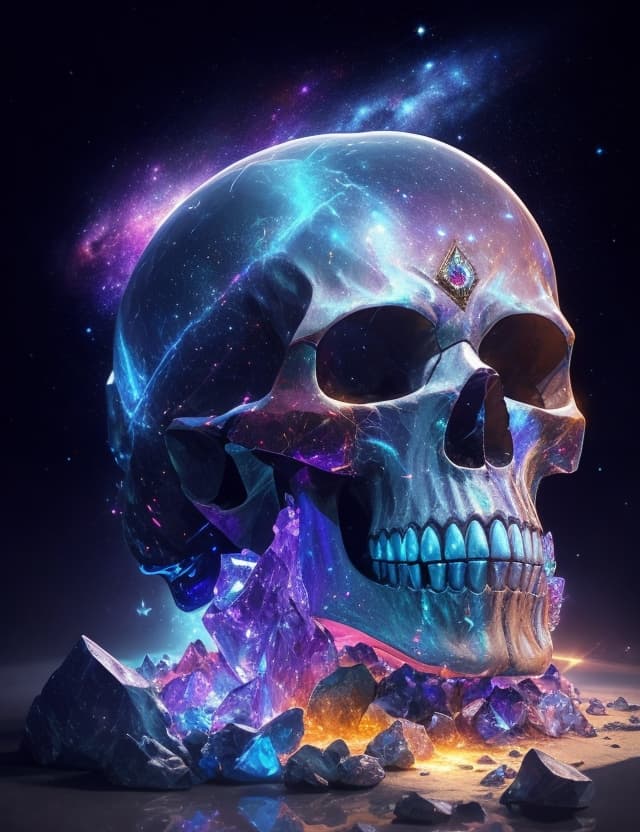 AI generated: a highly detailed epic concept art of a crystal skull warrior in a dynamic still life pose, with spa...