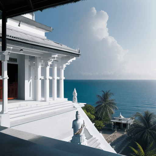AI generated: Hyper realistic eye level exterior photo of a Kerala temple overlooking the ocean, daylight, indirec...
