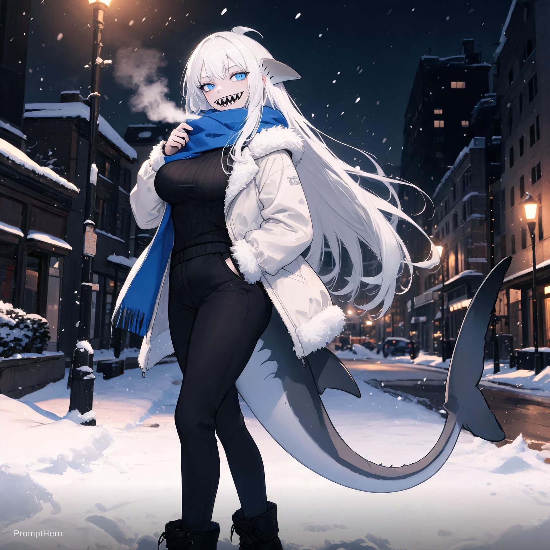 AI generated: A shark demi-human girl with long, straight white hair that falls smoothly past her shoulders and do...