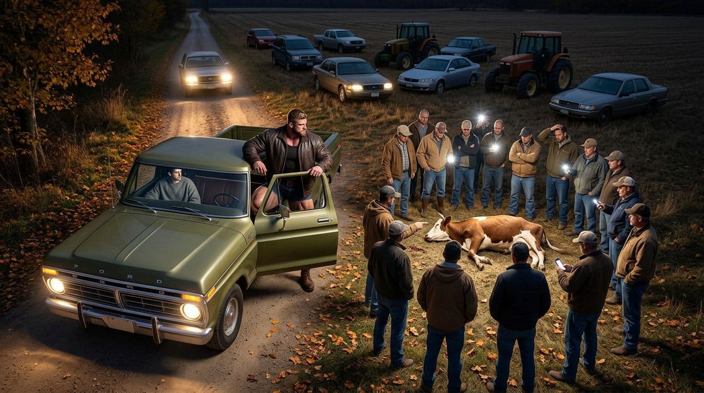 AI generated: In an Autumn night. the male muscular model is stepping out of a vintage olive green Ford pick up tr...