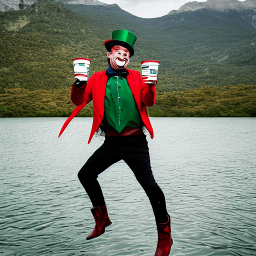 AI generated: Juggler without beard in shorts and jacket with dark green and scarlet red stripes, with a top hat a...