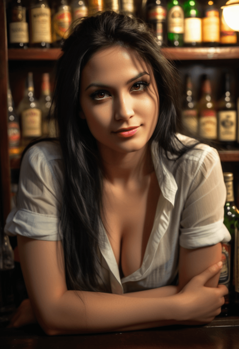 AI generated: This is a photograph of a woman staring at the viewer with dark colored eyes and a small grin. Her l...