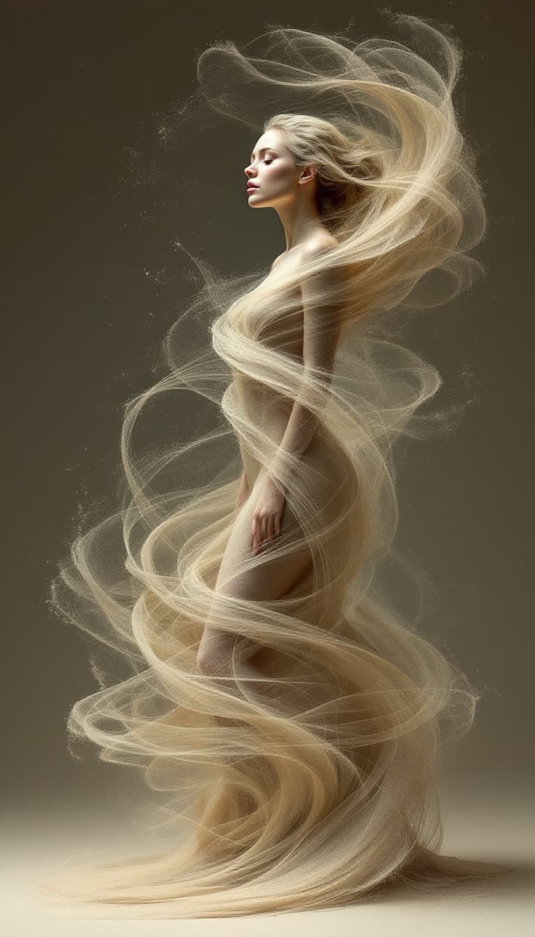 AI generated: 19. An ethereal, three-quarter portrait of a woman, her body seemingly composed of shifting sand pat...