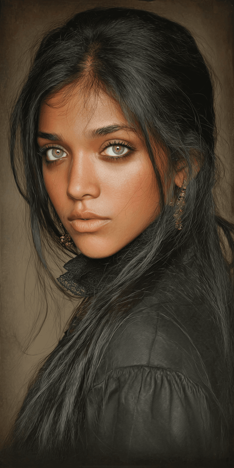 AI generated: close up potrait of a breathtakingly beautiful alluring Indian woman, with long black hair, dutch an...