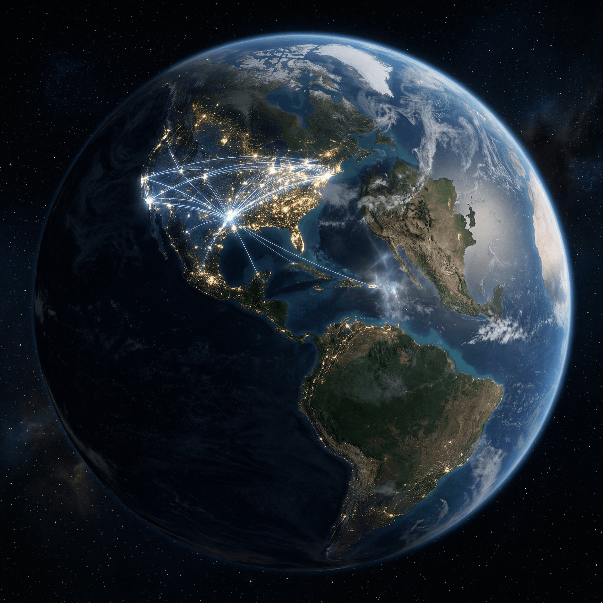 AI generated: Look at the reference images and create an orbital view of Earth from space, Western Hemisphere cent...