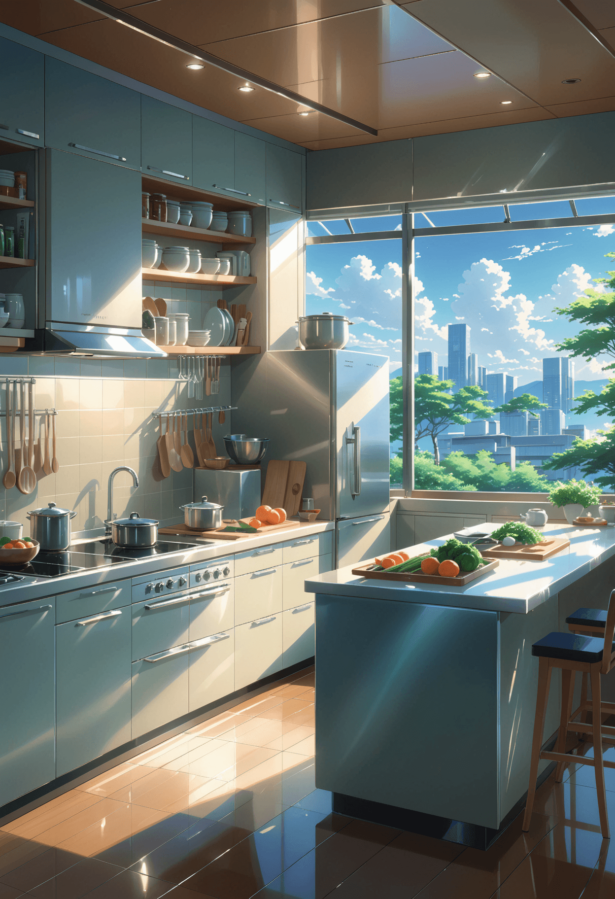 AI generated: Makoto Shinkai Style - Illustrate a modern, open-concept kitchen with meticulous precision, emphasiz...