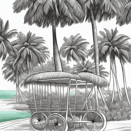 AI generated: Clean coloring book page, a cart 
filled with  cononuts, line drawing, coconut trees in background, ...