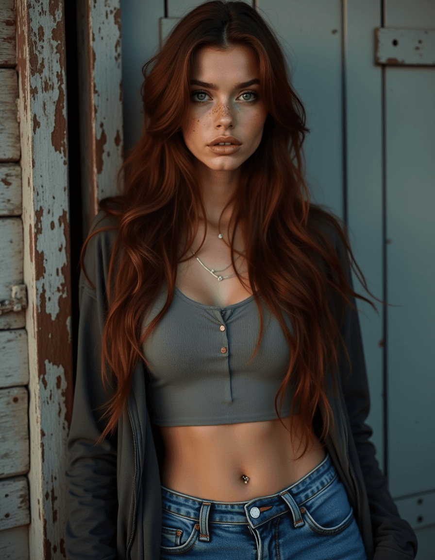 AI generated: photograph of a breathtaking beautiful woman, long dark-auburn hair, light-blue eyes, full lips, fai...