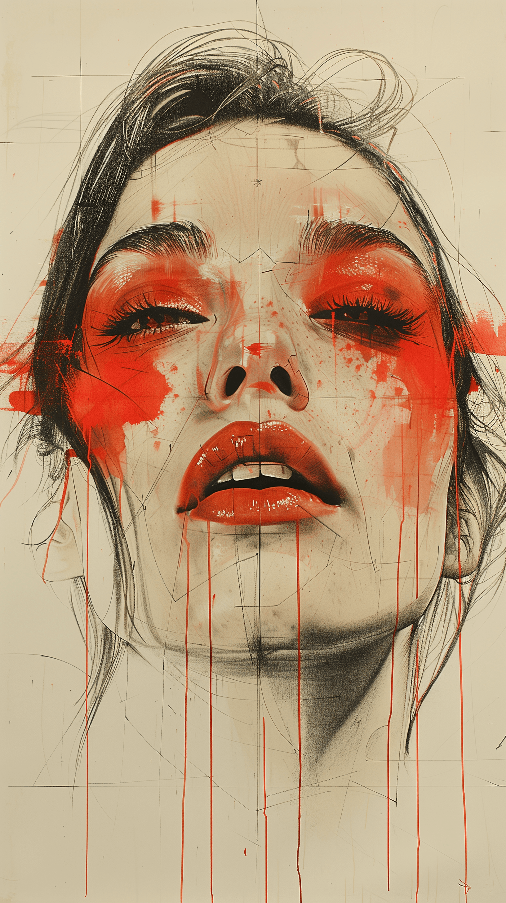 AI generated: portrait, woman, oil painting, grainy painting, profound gaze, monochrome with coral color, minimali...