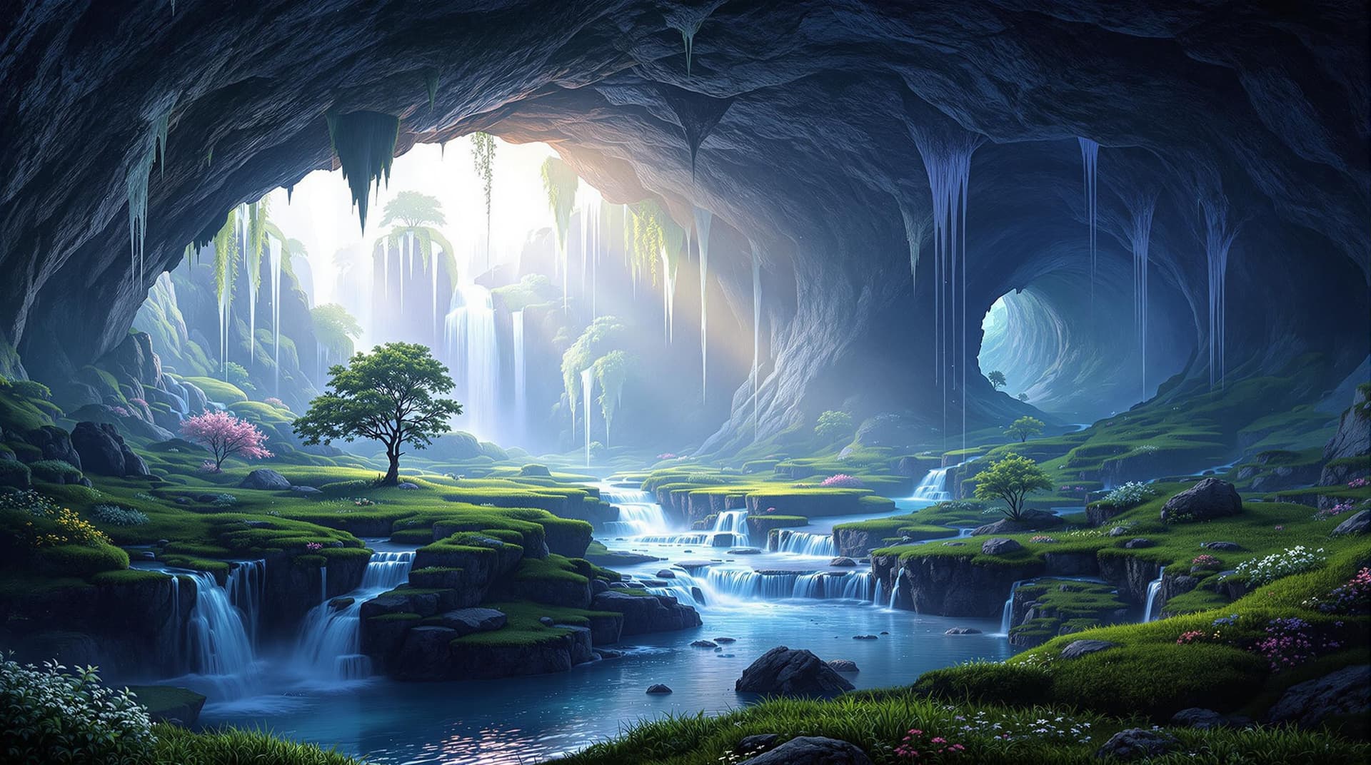 AI generated: landscape  underground with beautiful waterfall , surreal lighting