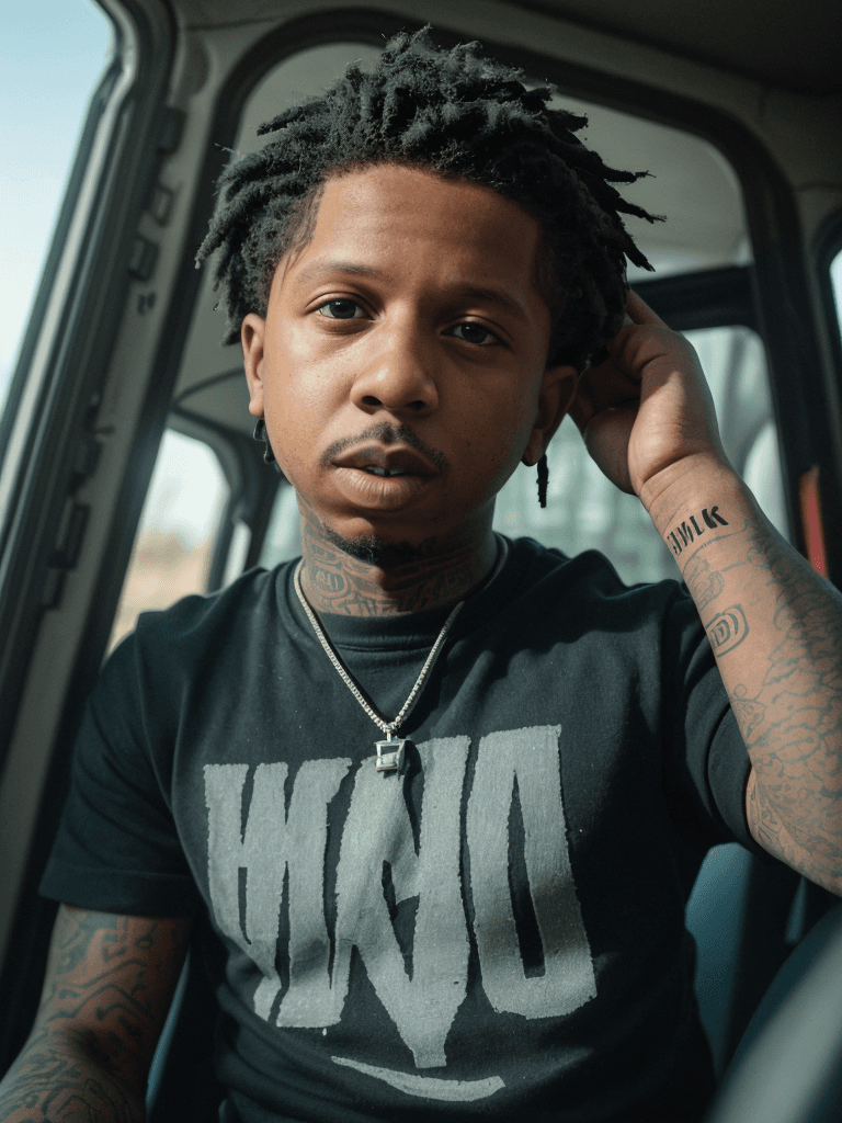 AI generated: portrait of Lil Durk doing a shootout from inside of a van, ultra realistic, 8k full HD, low angle, ...