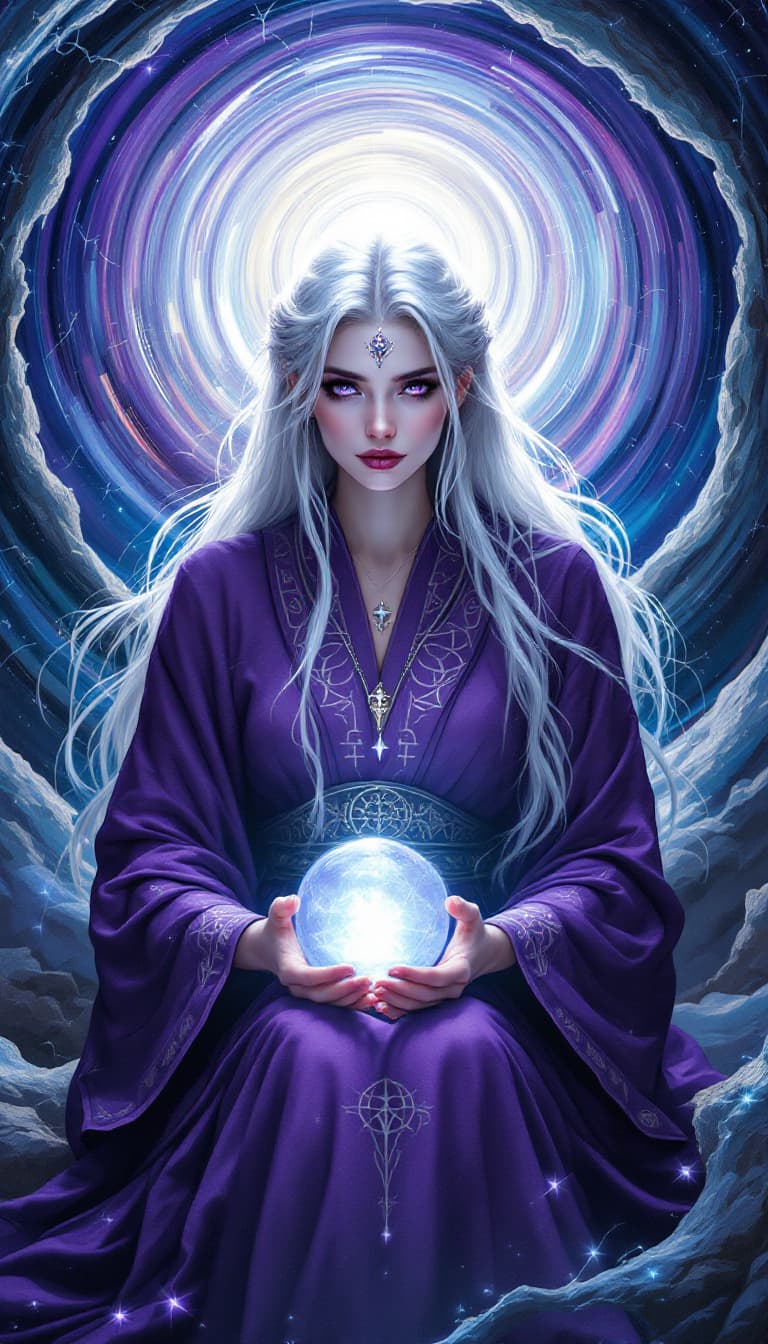 AI generated: A silver-haired oracle sits before a swirling vortex, her pale silver hair and piercing violet eyes ...
