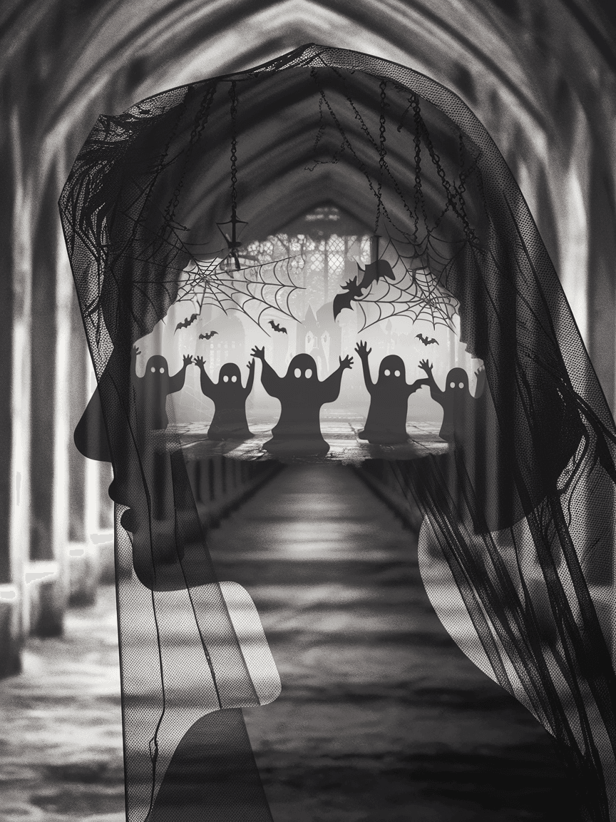 AI generated: haunted castle legends minimalism pop art surrealism against the backdrop of night fog, double expos...