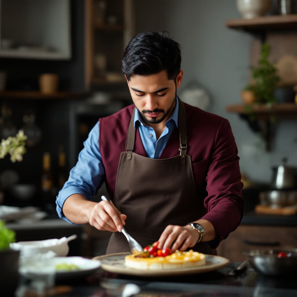 AI generated: an asian man wearing a plain burgundy suit, no tie an open versace shirt in blue wearing an apron an...