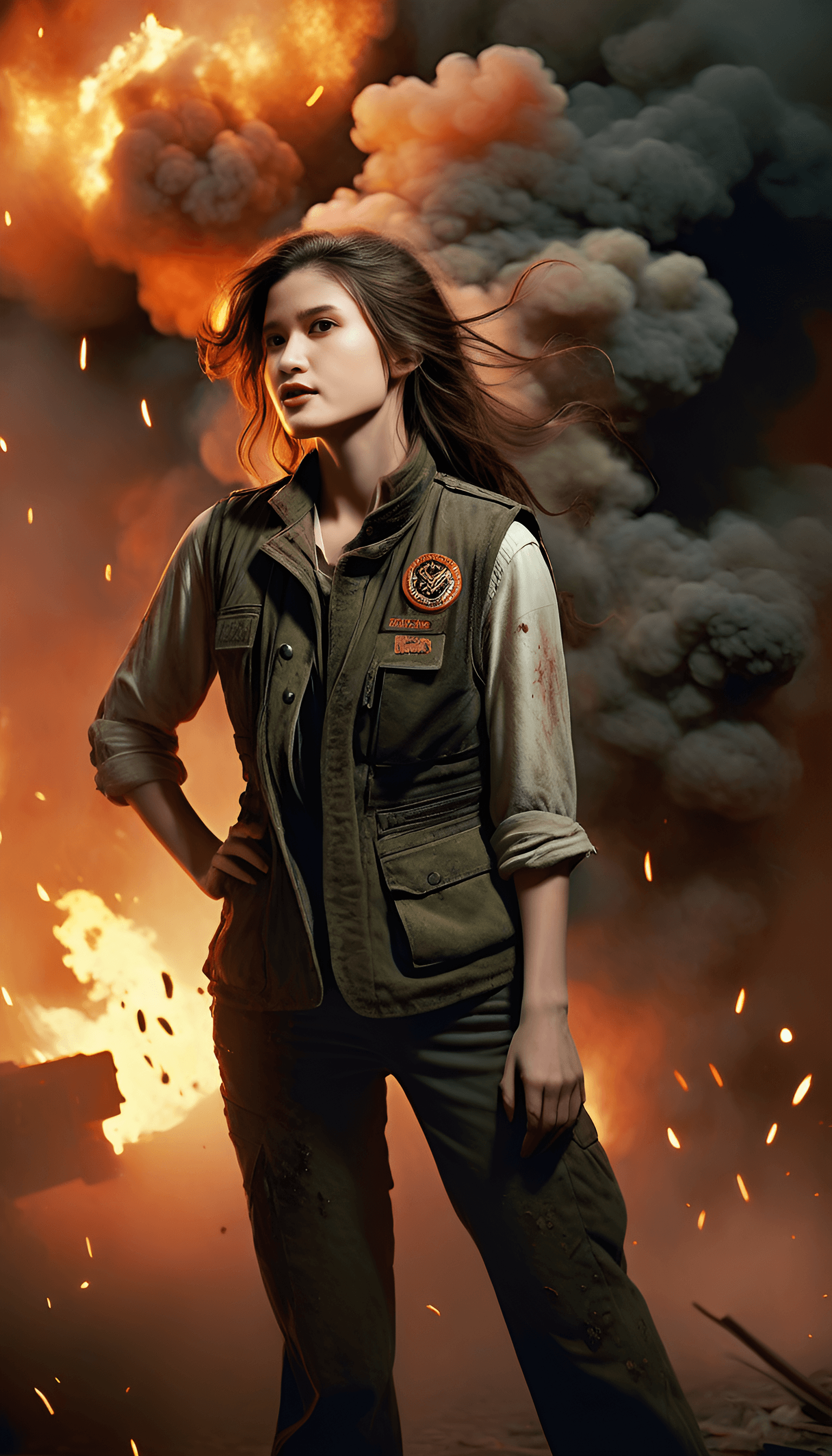 AI generated: flowing hair, flawless face, isolated, high quality, bloodstained hands, war ambiance, military vest...