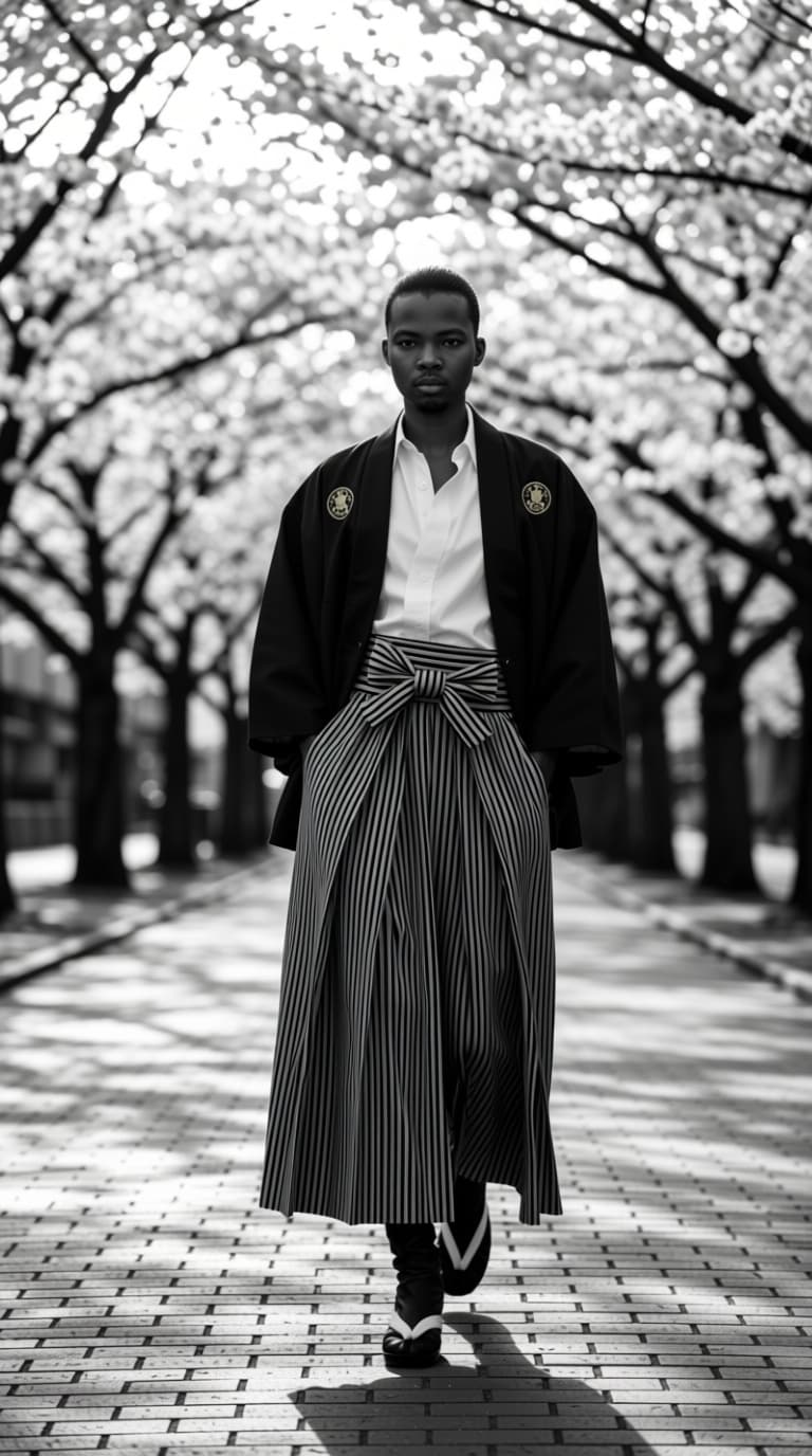AI generated: ultra-realistic B&W 3/4 view photo of a female model in 2026 Tokyo. Long shadows at the sunset hour....