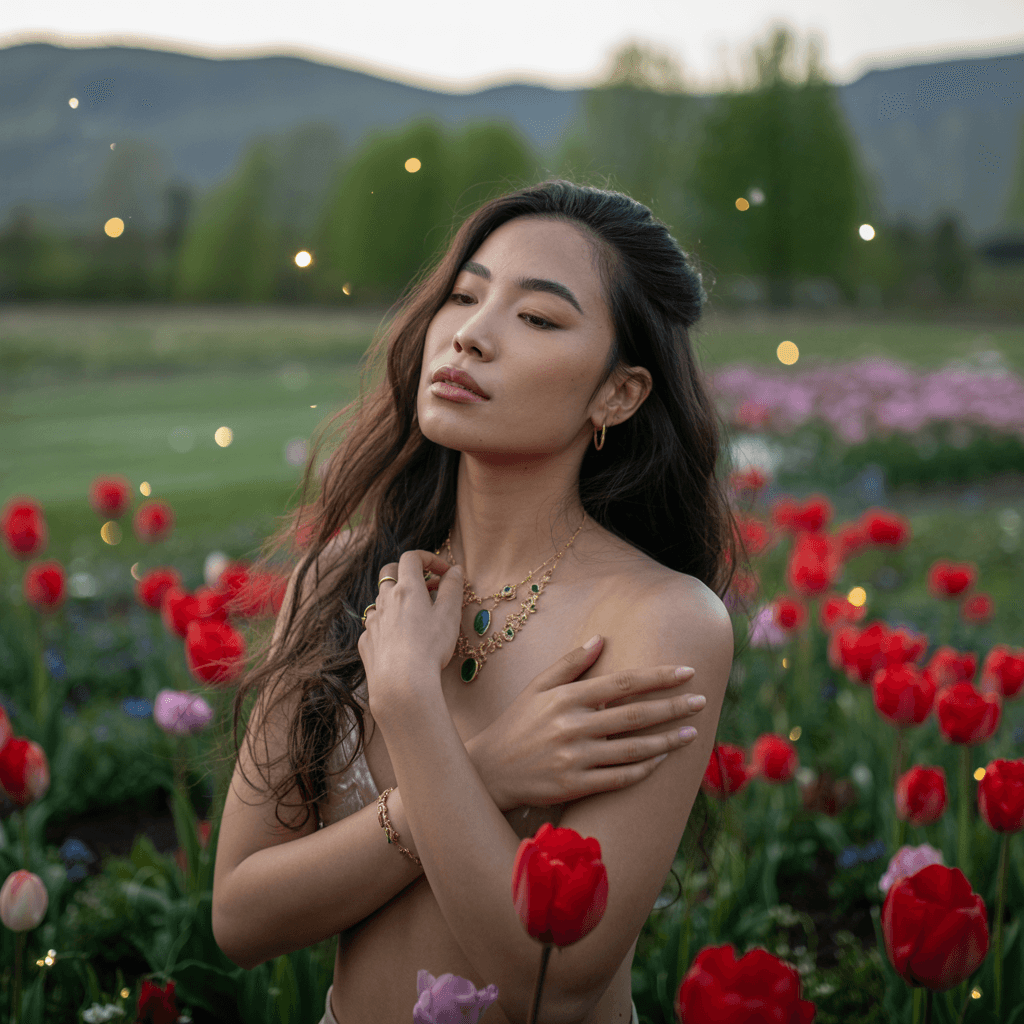 AI generated: An Asian woman stands with gold and emerald jewelry, gracefully in a field adorned with vibrant red ...