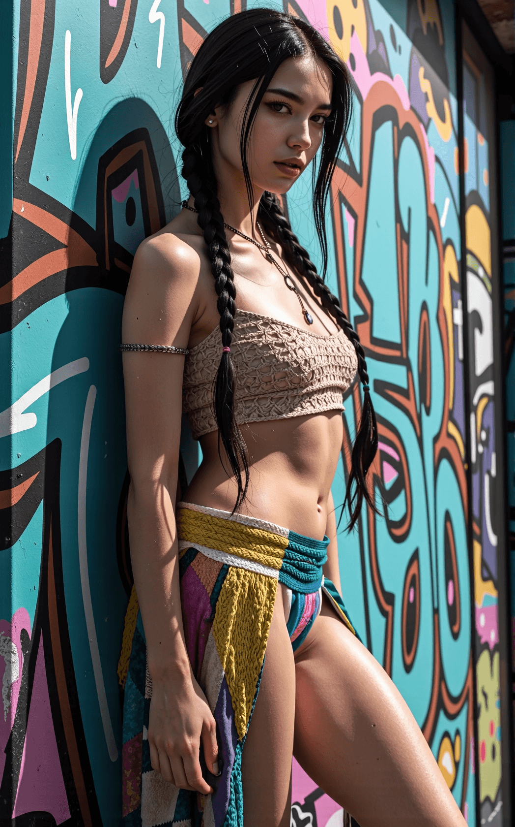 AI generated: A tall, angular woman with long black hair styled in messy fishtail braids leans against a graffiti-...