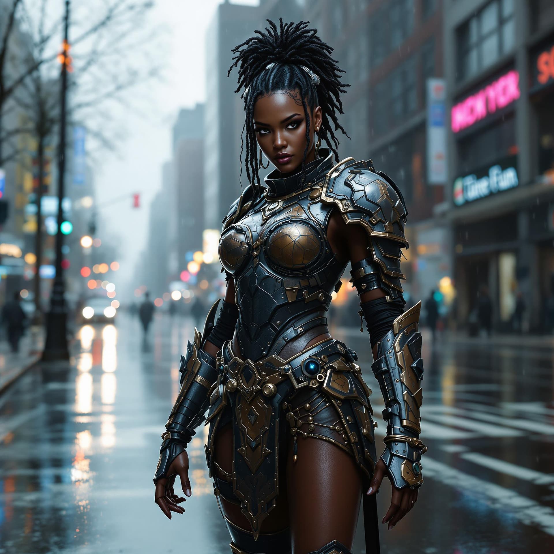 AI generated: African American warrior Princess, wearing battle armor, standing in the rain on an empty NYC street...