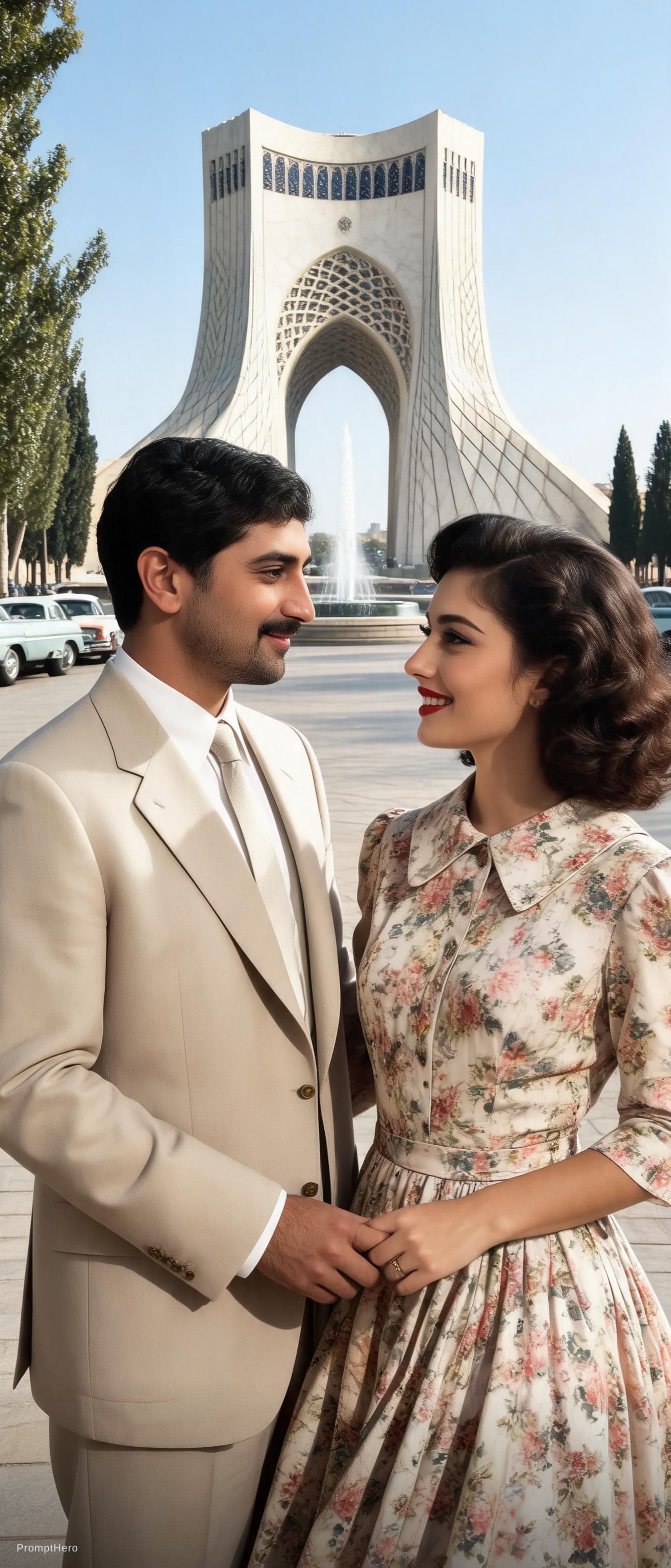 AI generated: The young couple from the 1950s stands in the heart of Tehran, with the iconic Azadi Square (formerl...