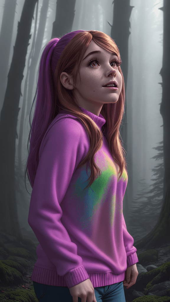 AI generated: (HDR1:1)Mabel Pines In favorite sweater, from Gravity Falls, captured in an epic photoart in the sty...