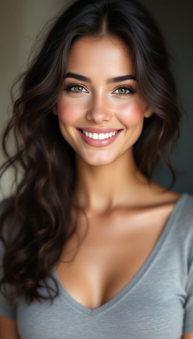 AI generated: Hyper realistic photo of a woman with dark wavy hair. smile. tight t shirt. no make up