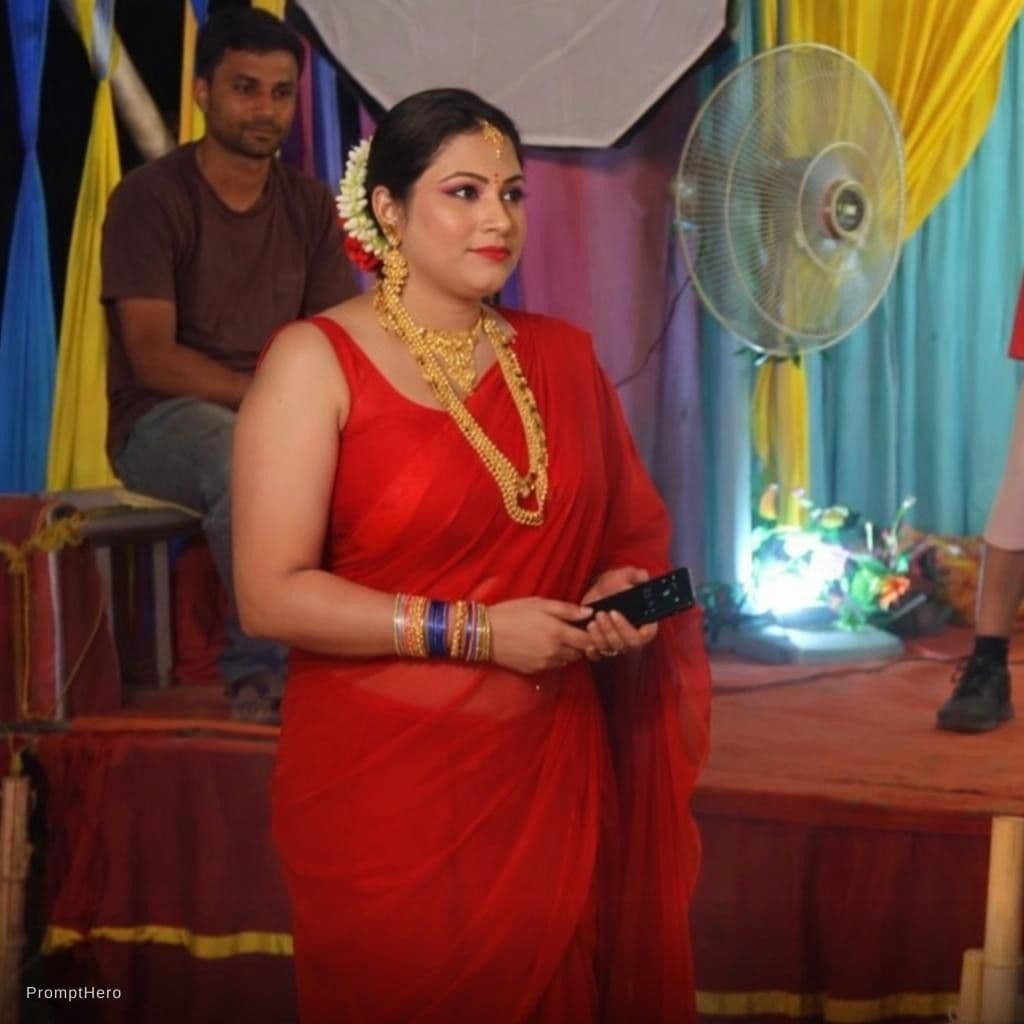 AI generated: She wear a red colour chiffon saree with sleevless blouse