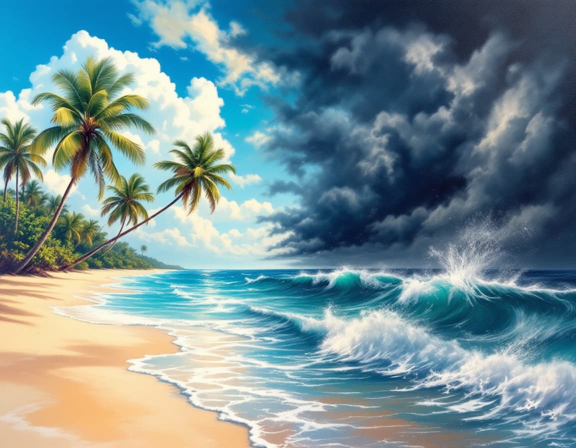 AI generated: A surrealist painting with a seamless blend of two contrasting weather scenes. One side depicts a vi...