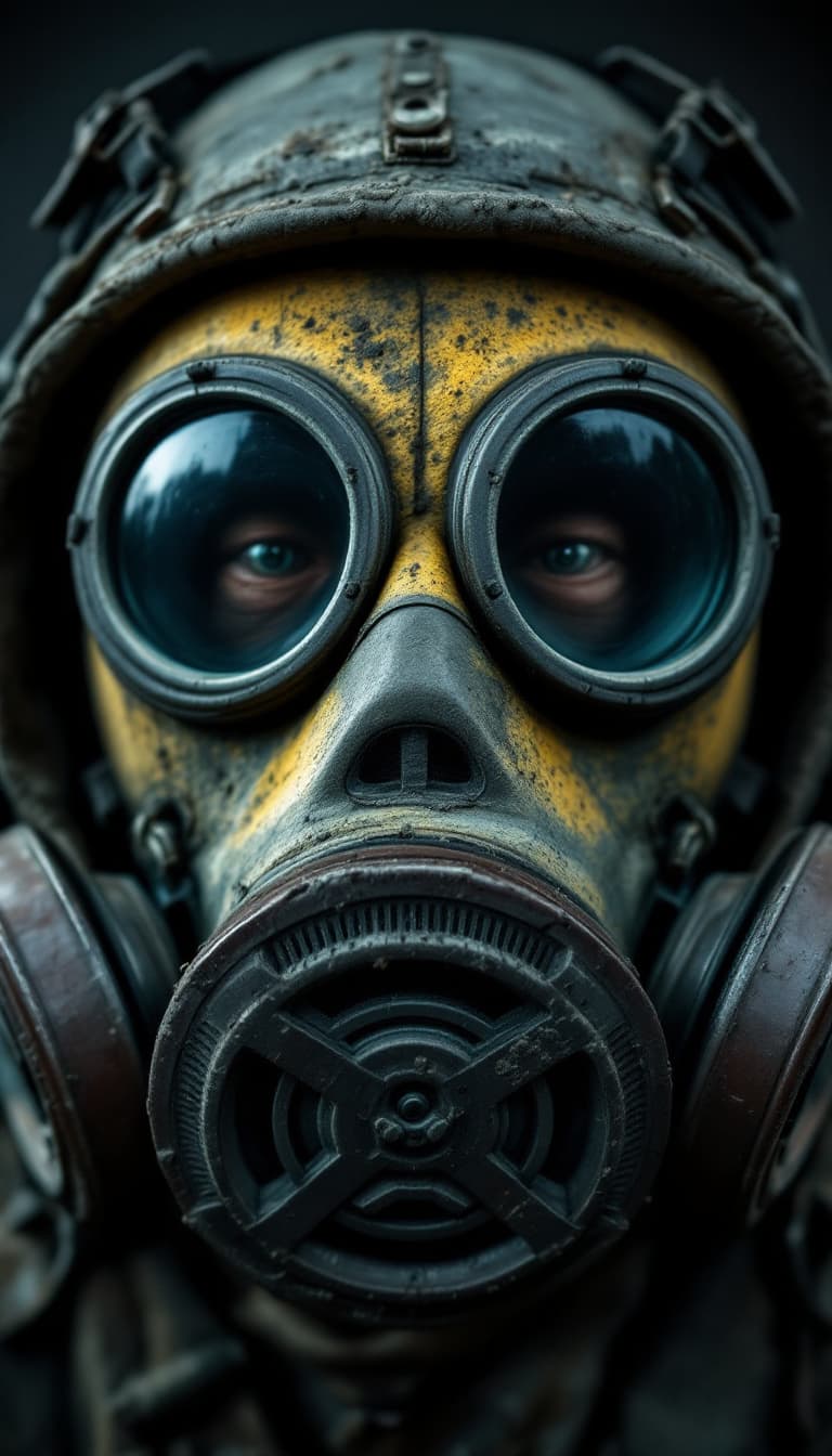 AI generated: A close-up shot of a Chernobyl liquidator's gas mask, filling the frame with gritty, realistic detai...