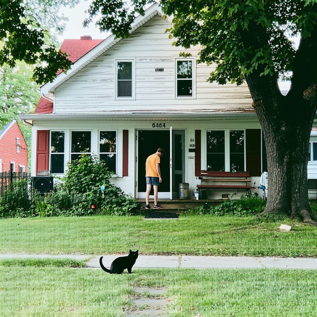 AI generated: House with person in front with cat and dog