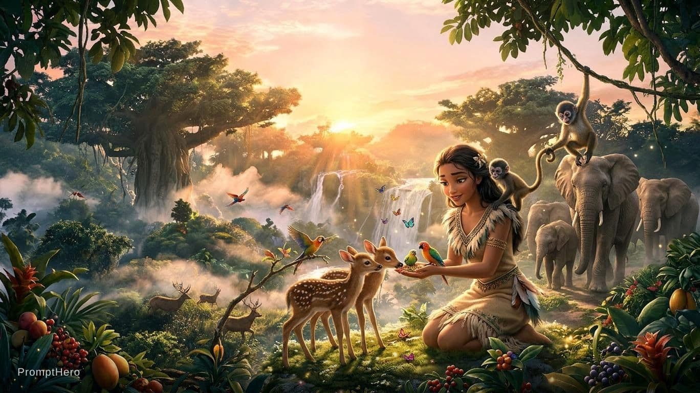 AI generated: CENE 4 — Friendship With Animals
Video Prompt

The jungle princess feeding baby deer and birds, monk...