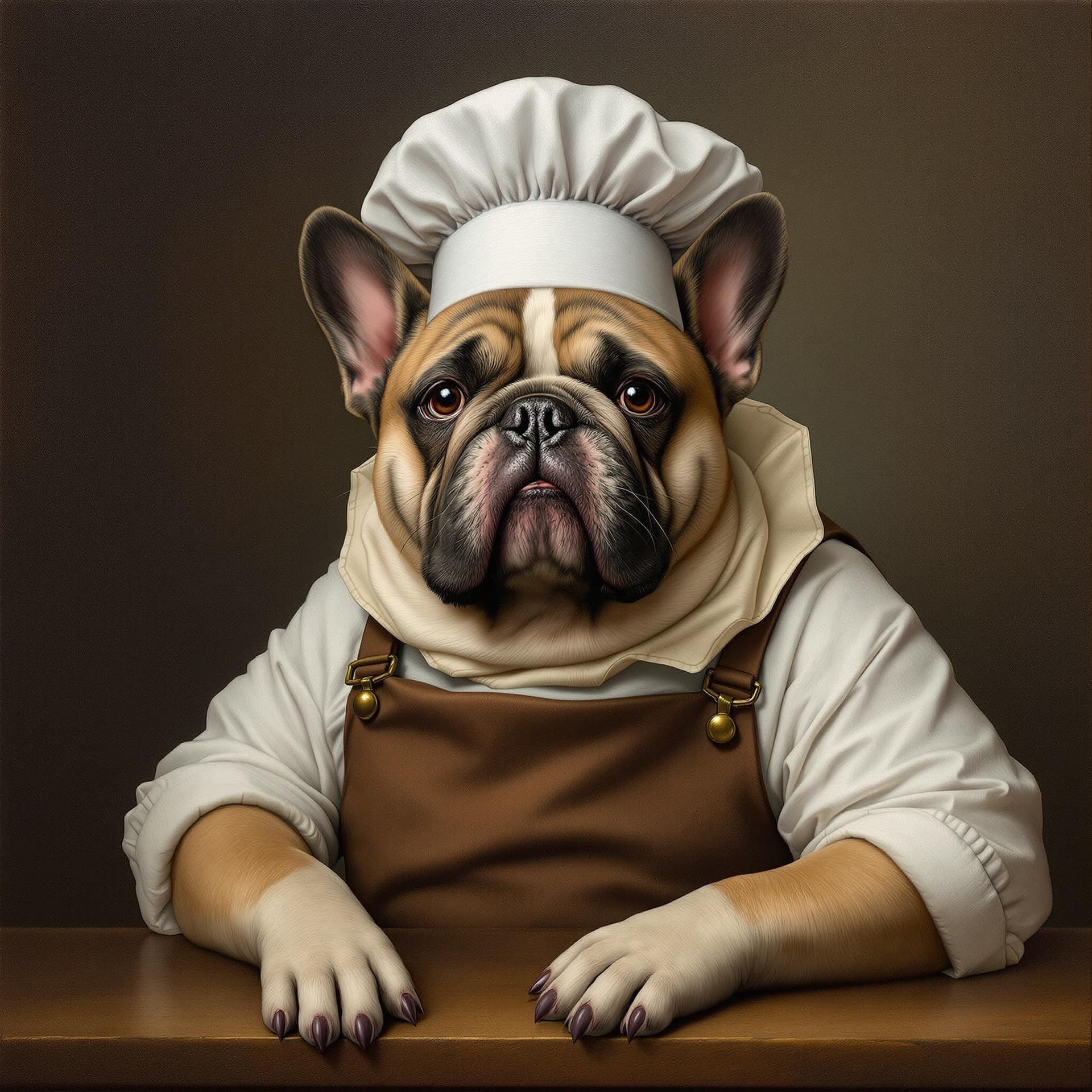 AI generated: high quality neoclassical portrait of a fat french bulldog chef, very detailed, 1 8 6 0, oil on canv...