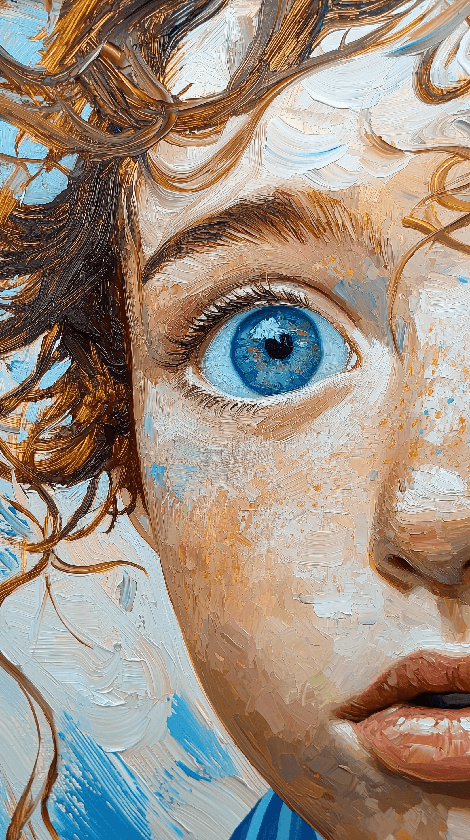 AI generated: oil painting, central close-up of a girl's face with large eyes, girl's voluminous brown curly hair ...