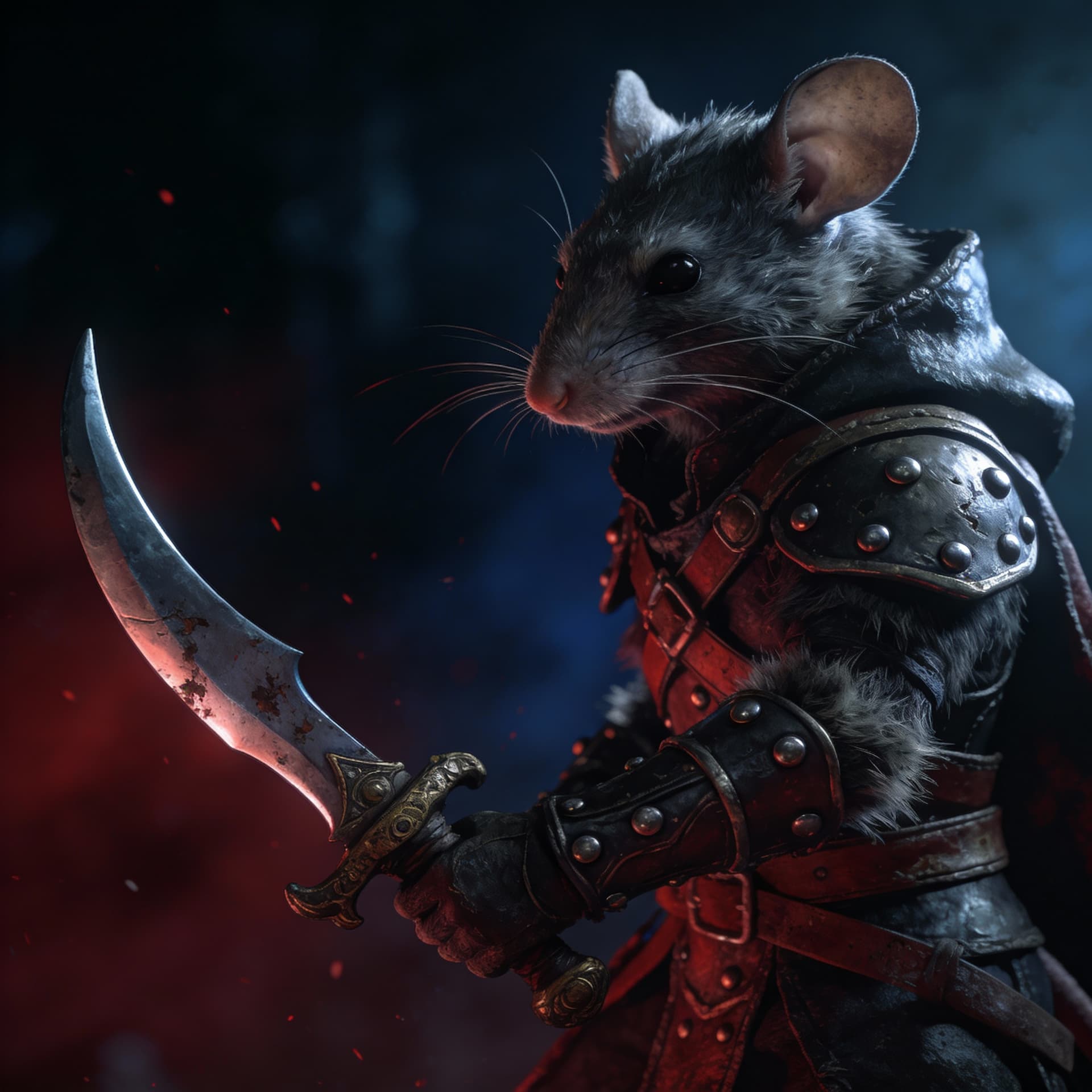AI generated: Dark fantasy concept art of a mouse humanoid thief wearing detailed leather armor, holding a dagger....