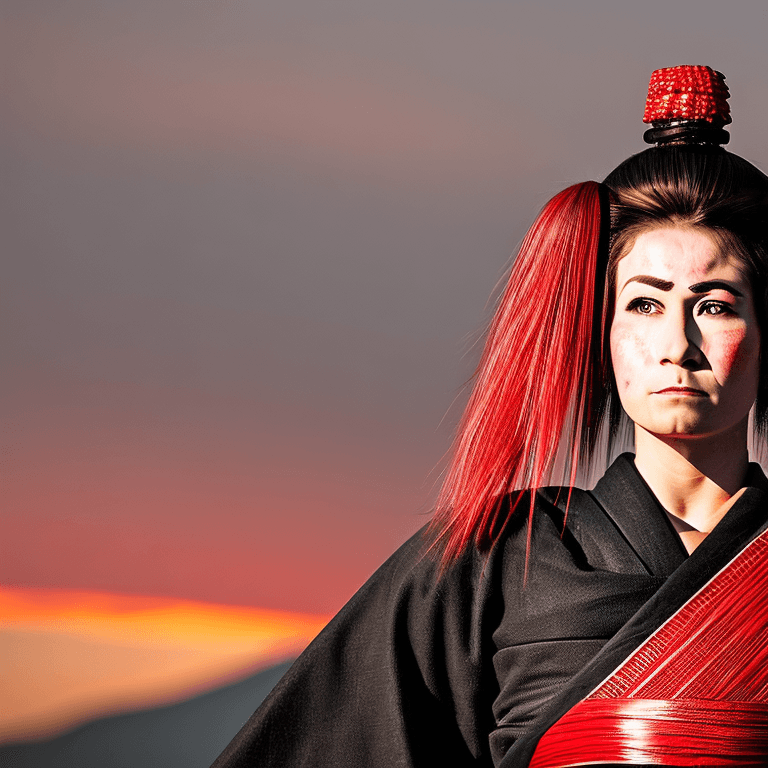 AI generated: A portrait of a female Samurai, long straight hair in a topknot, wearing traditional samurai clothin...